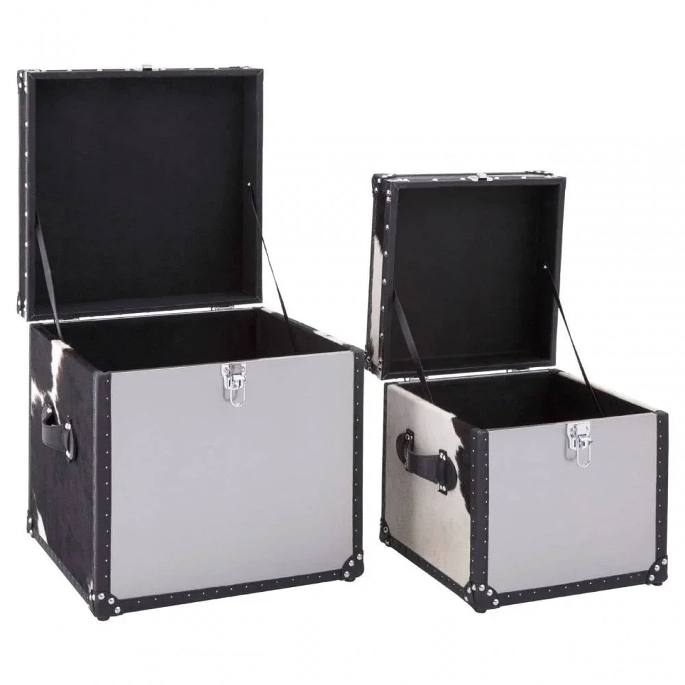 Lancaster Townhouse Black And White Genuine Cowhide Storage Trunk Set