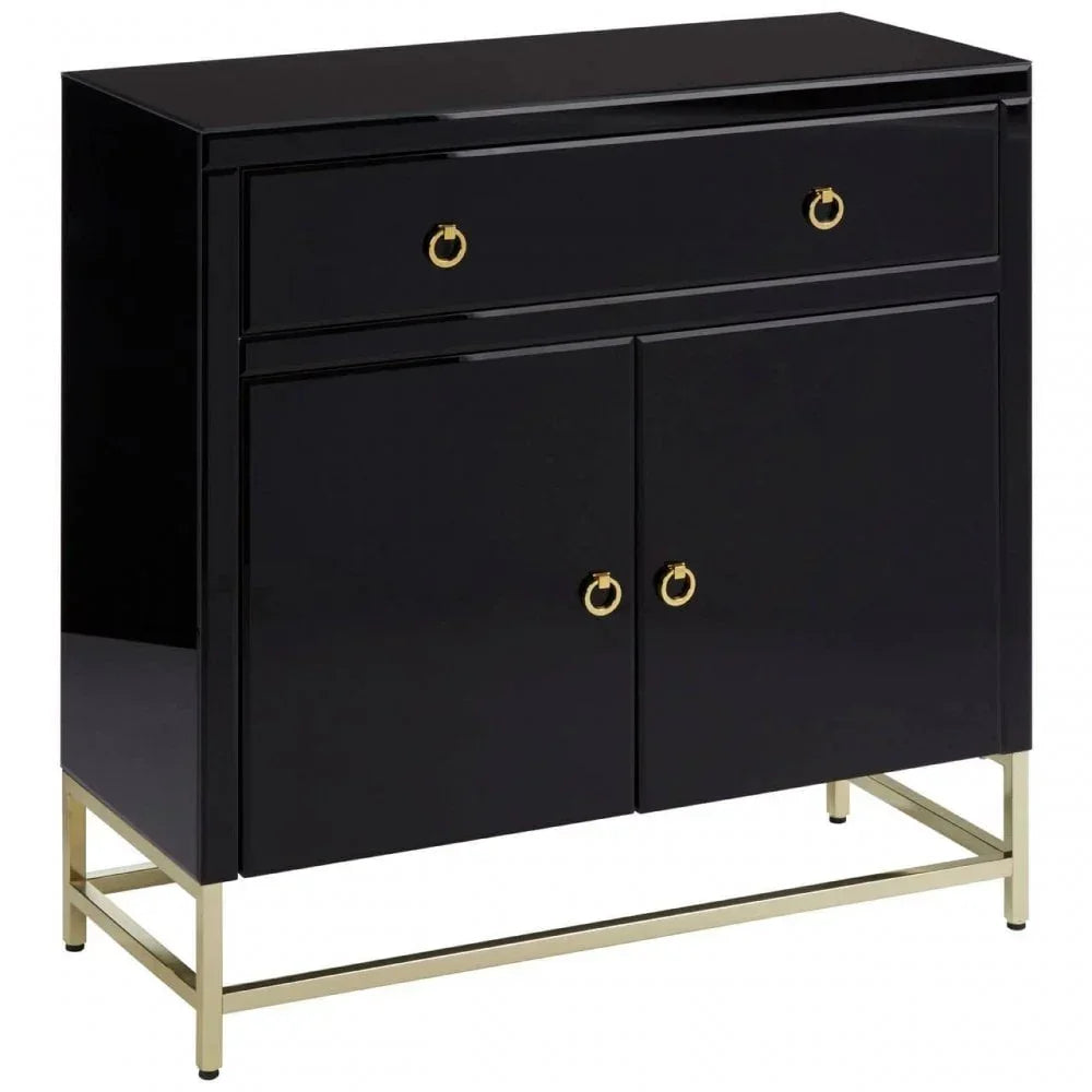 Black sideboard cabinet with gold handles and metal frame, featuring one drawer and two doors