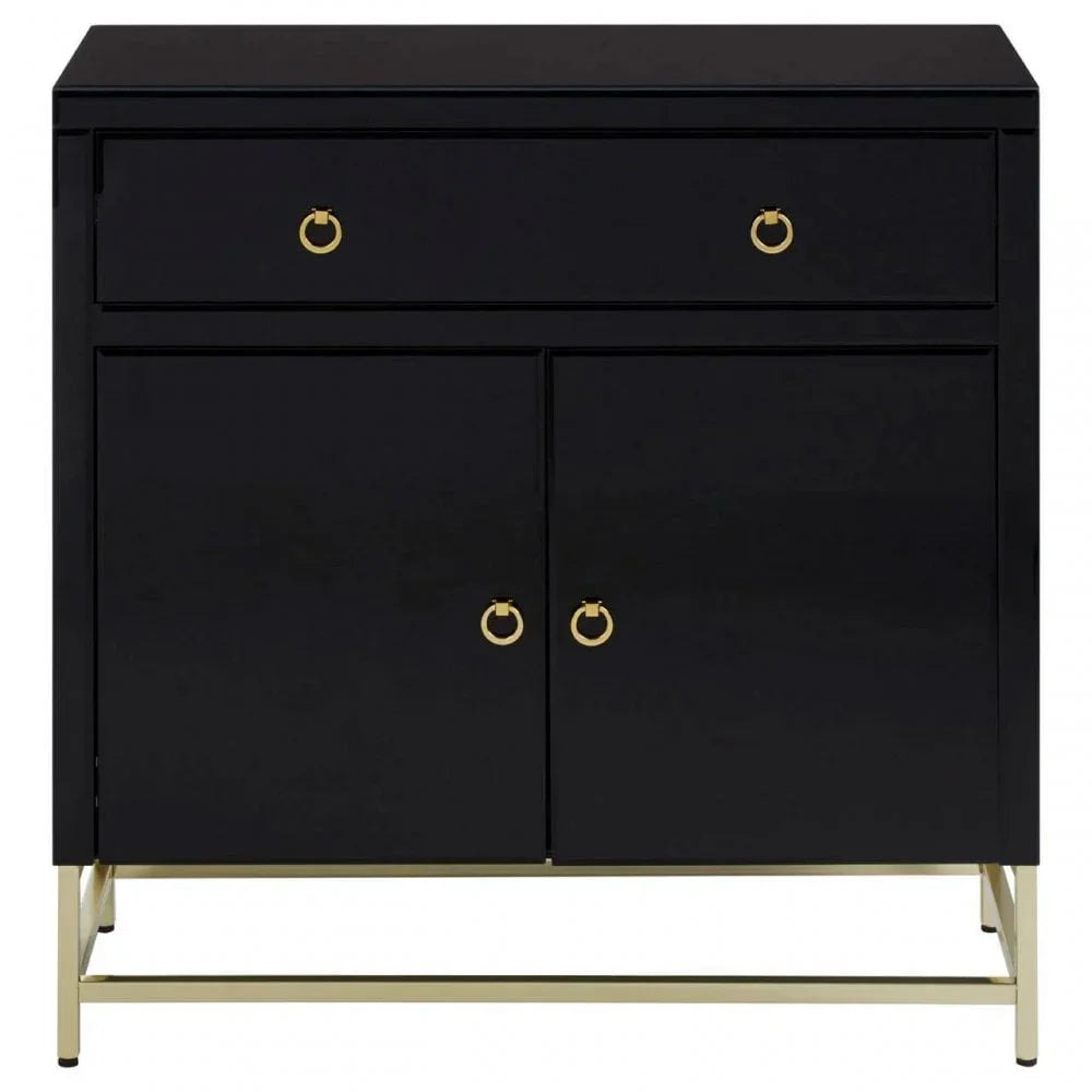 Black sideboard cabinet with gold handles and metal legs, front view