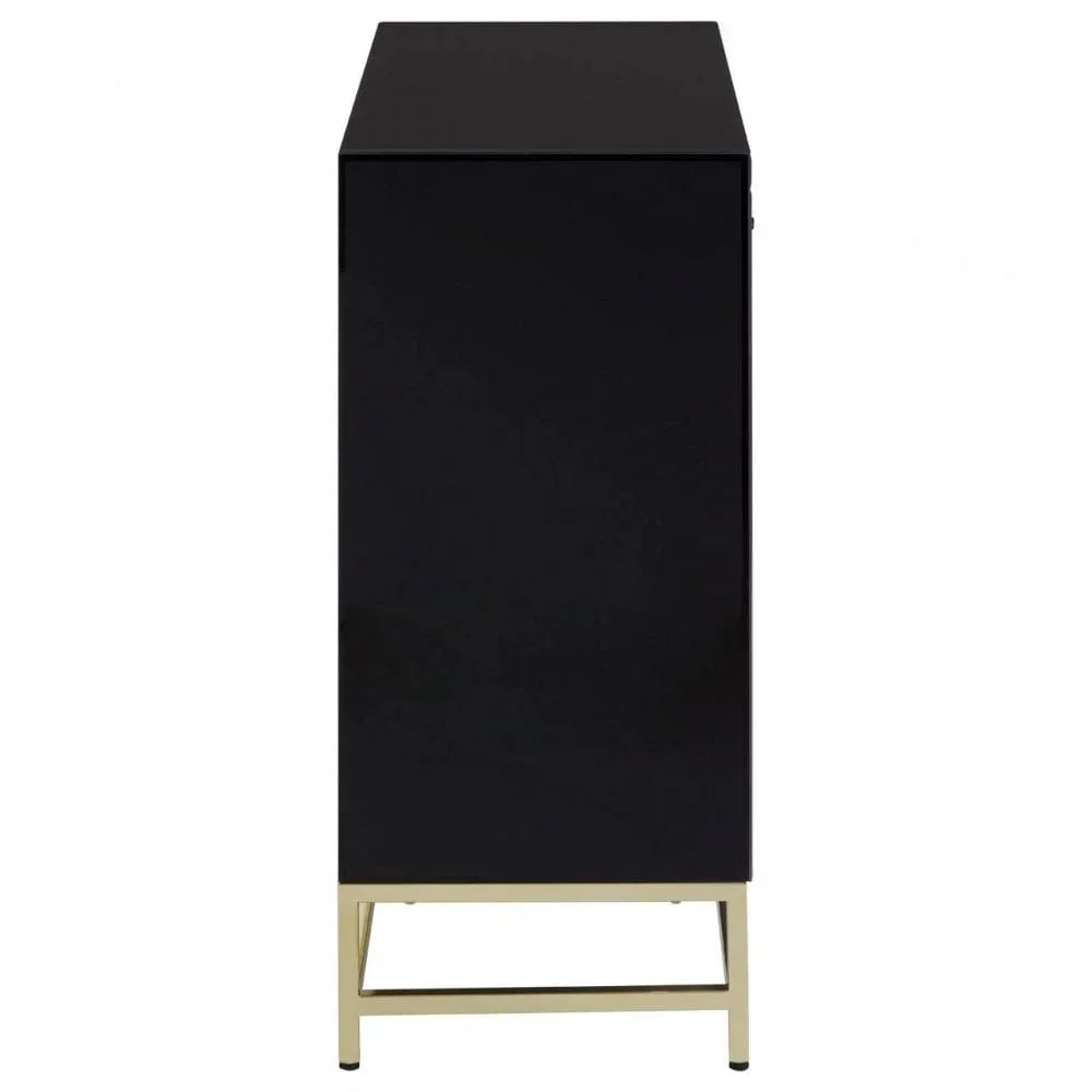 Side view black cabinet with gold legs on white background