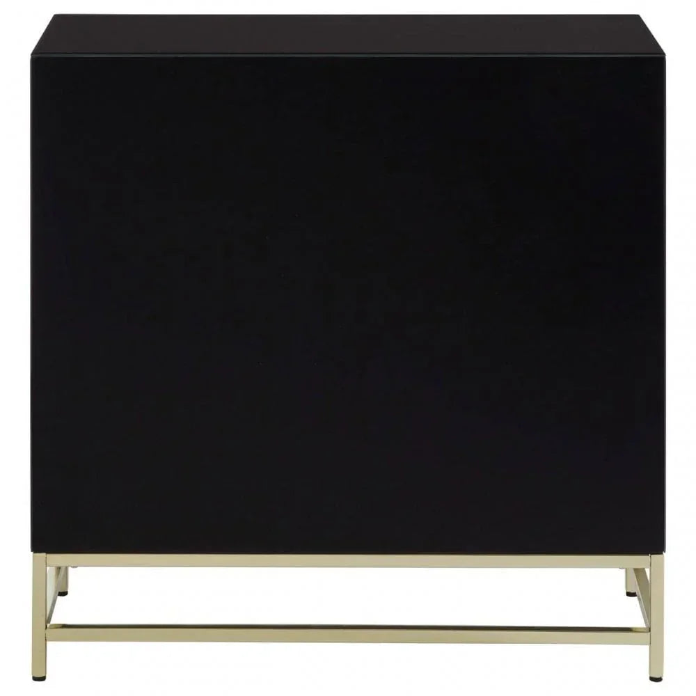Black sideboard cabinet with gold metal base, front view