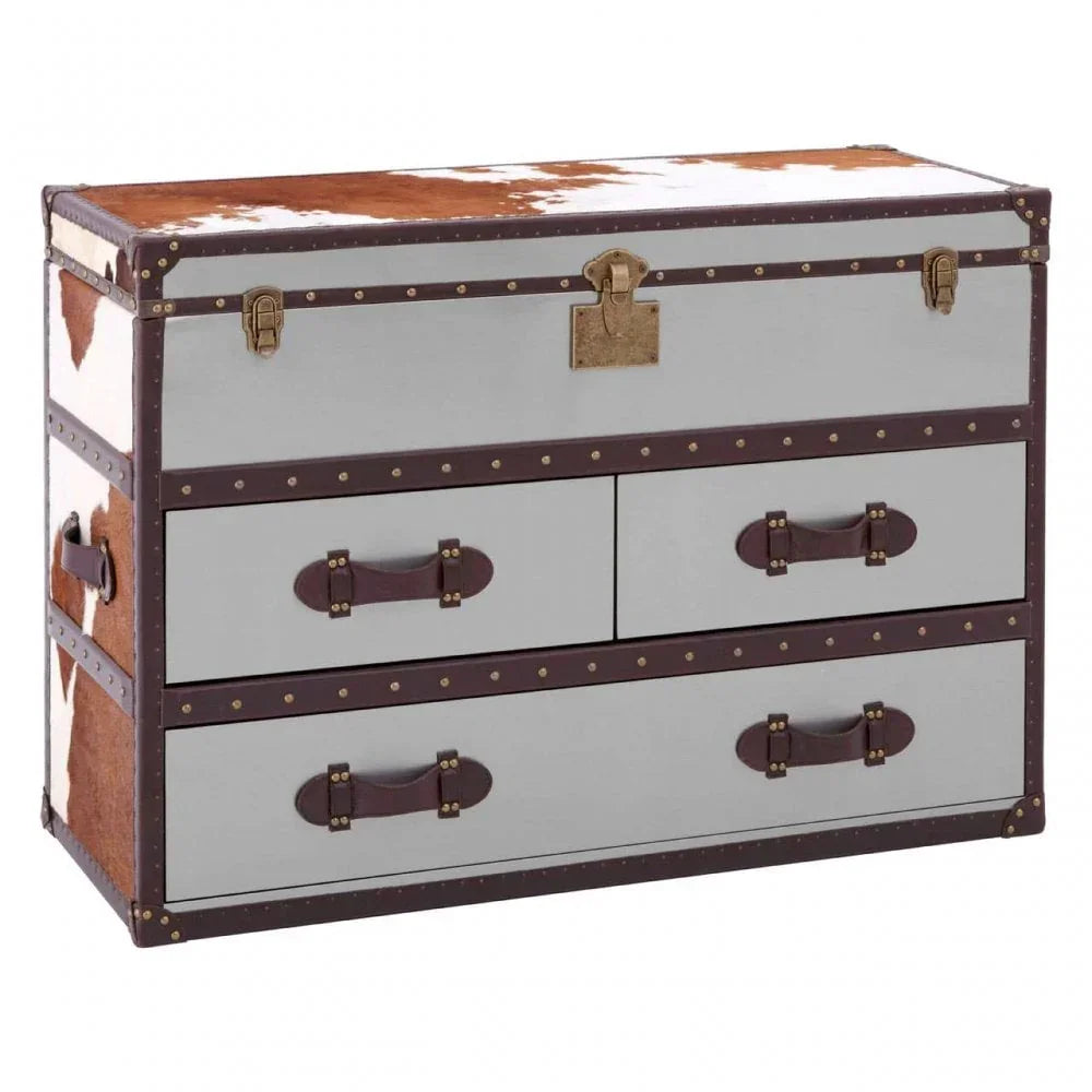 Vintage trunk chest of drawers with leather handles and brass accents, brown and cream finish