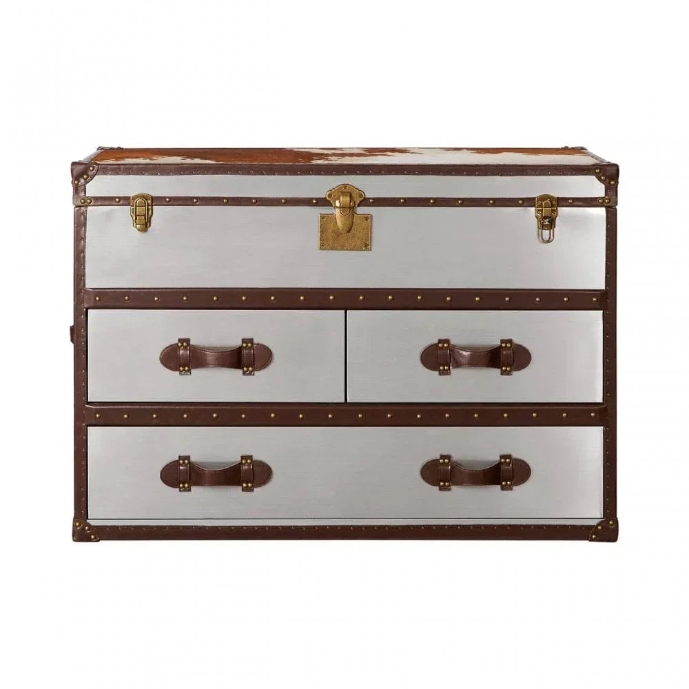 Vintage style trunk chest of drawers with brown leather handles and metal accents