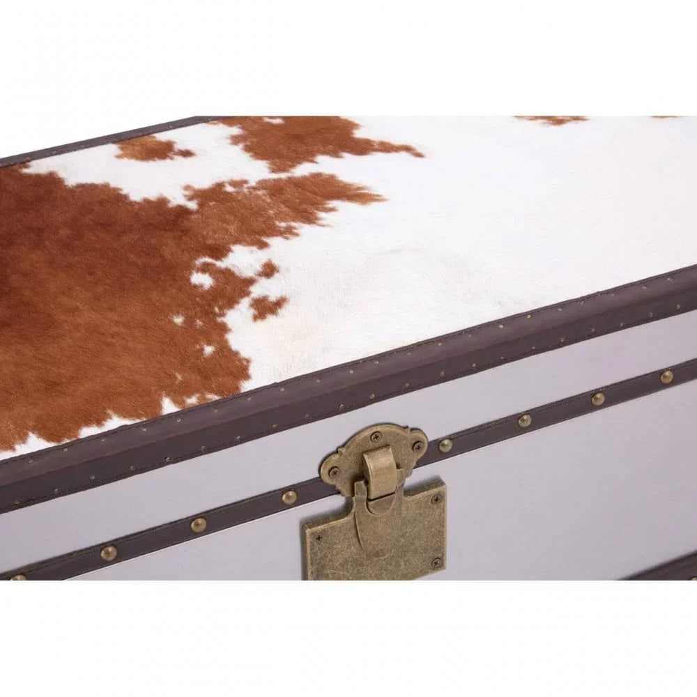 Cowhide storage trunk with brown and white pattern, brass latch and metal trim detail