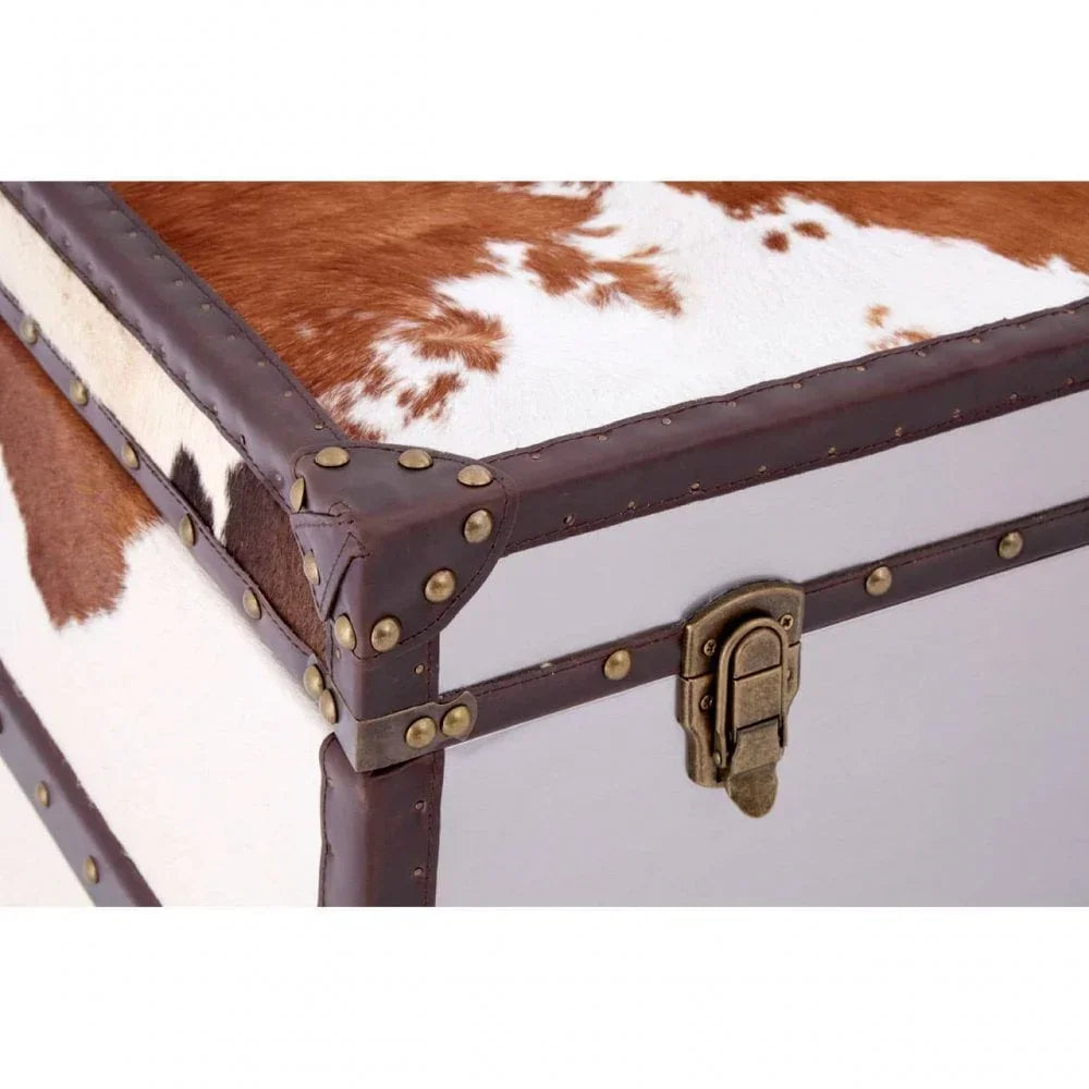 Cowhide storage trunk with brown leather trim and brass latch close-up