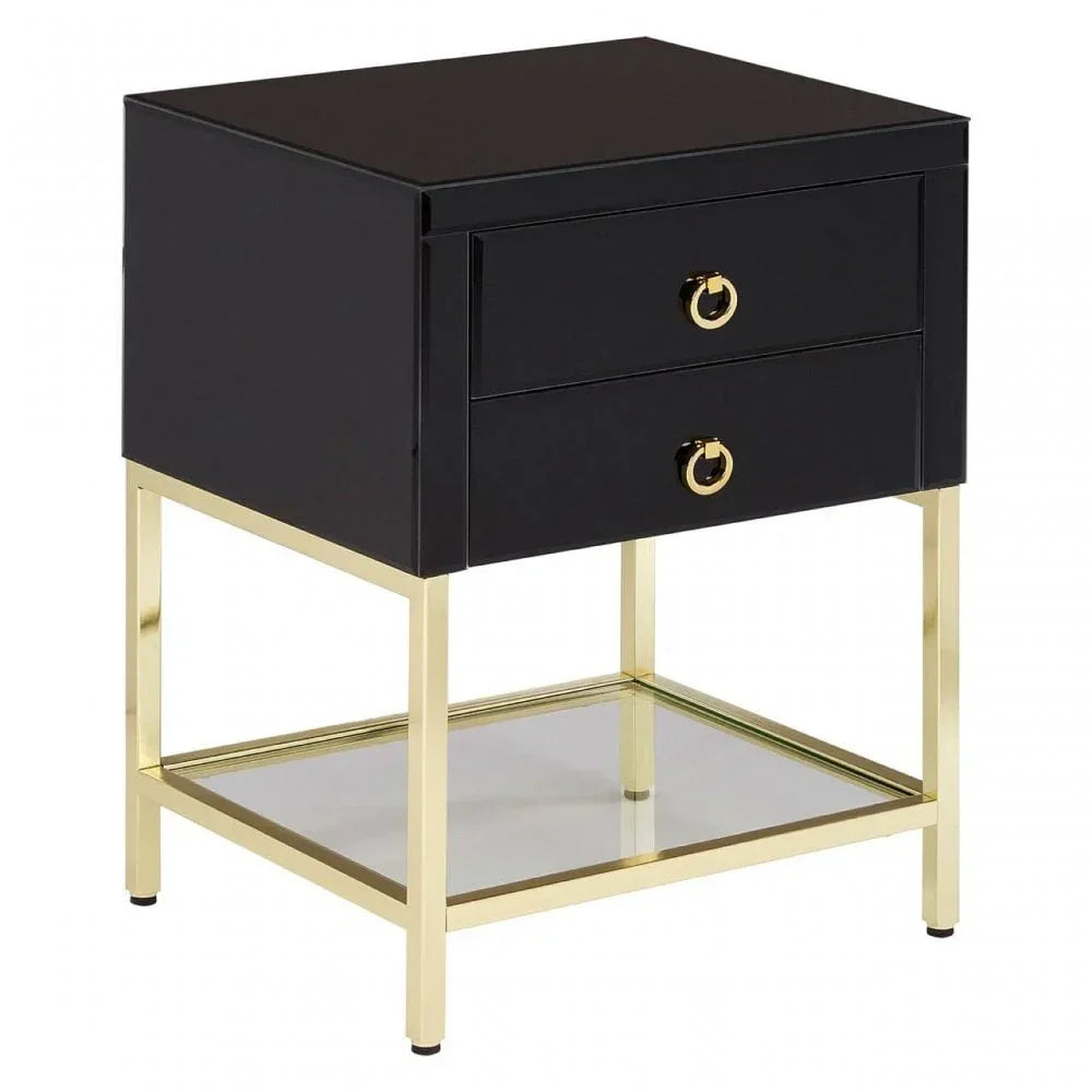 Black bedside table with gold metal legs, two drawers and a glass bottom shelf