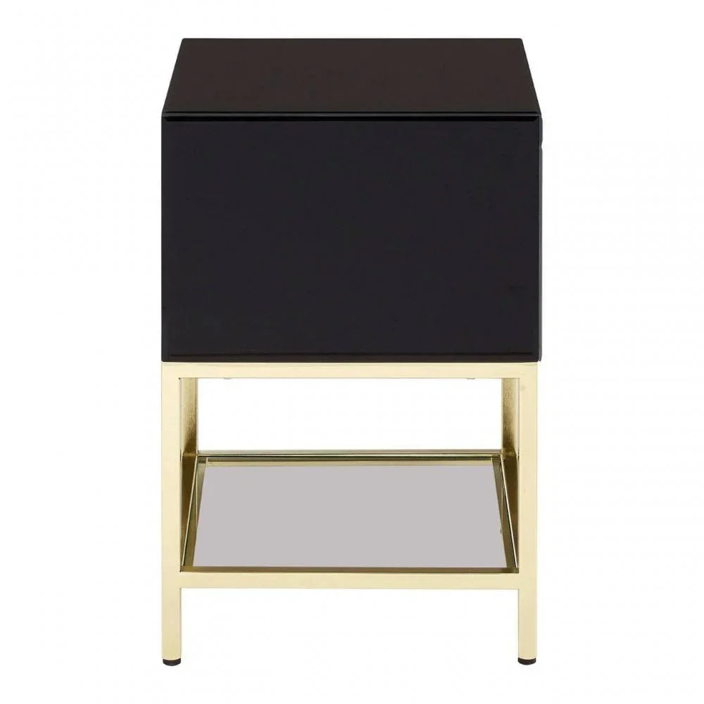 Black bedside table with gold metal frame and lower glass shelf, front view