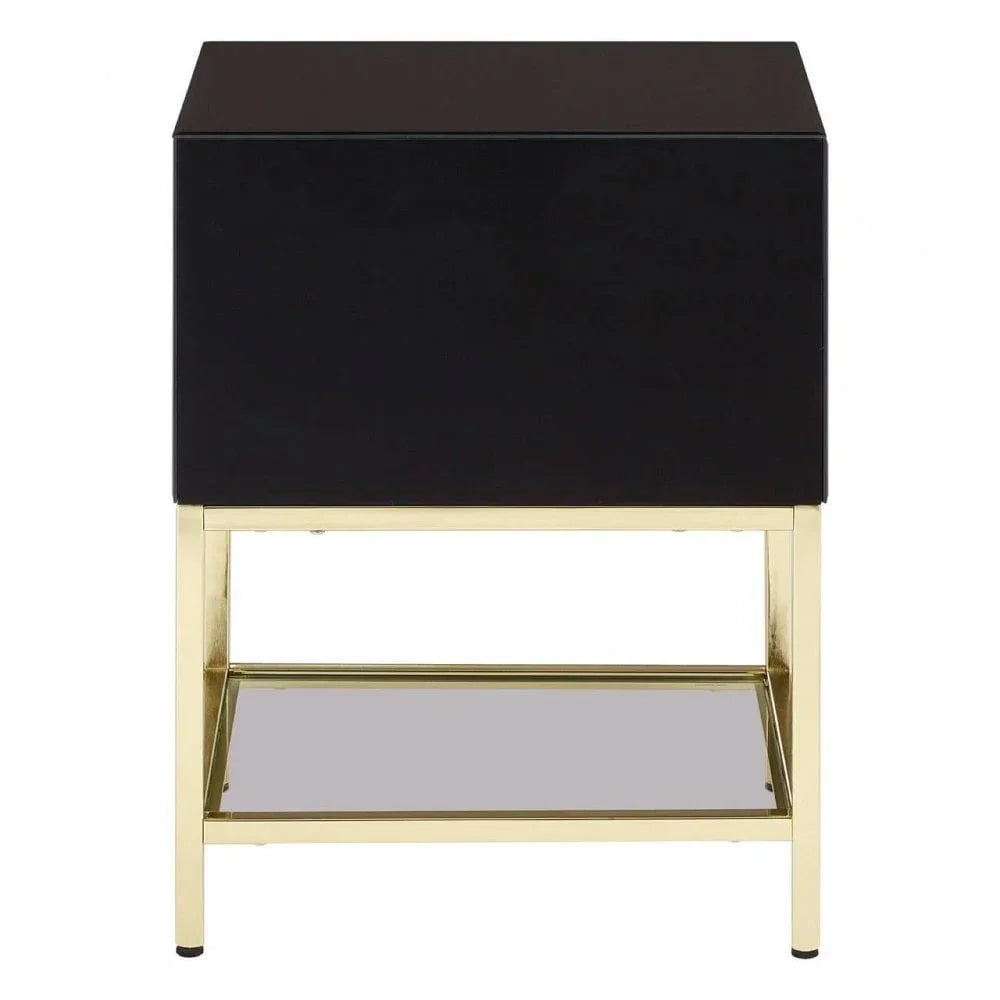 Black bedside table with gold metal frame and glass lower shelf, front view