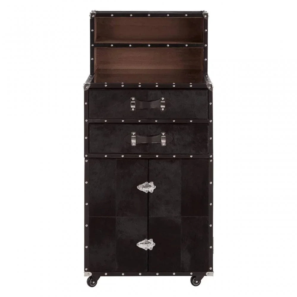 Black storage cabinet with two open shelves, drawers, metal handles and lockable doors