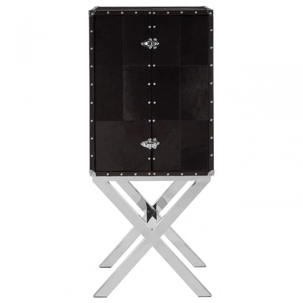 Black storage cabinet with chrome studded trim on crossed metal legs, front view