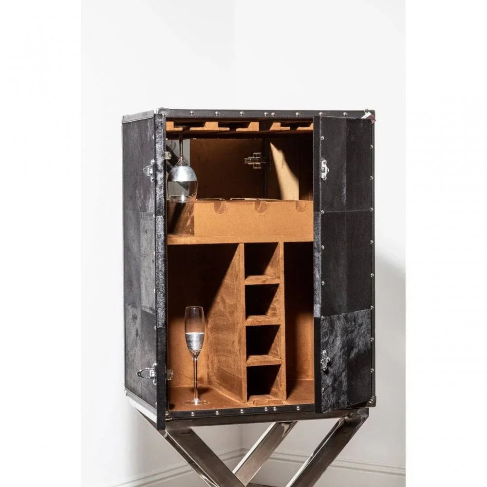 Modern drinks cabinet with open doors, glass holders and wine bottle storage compartments