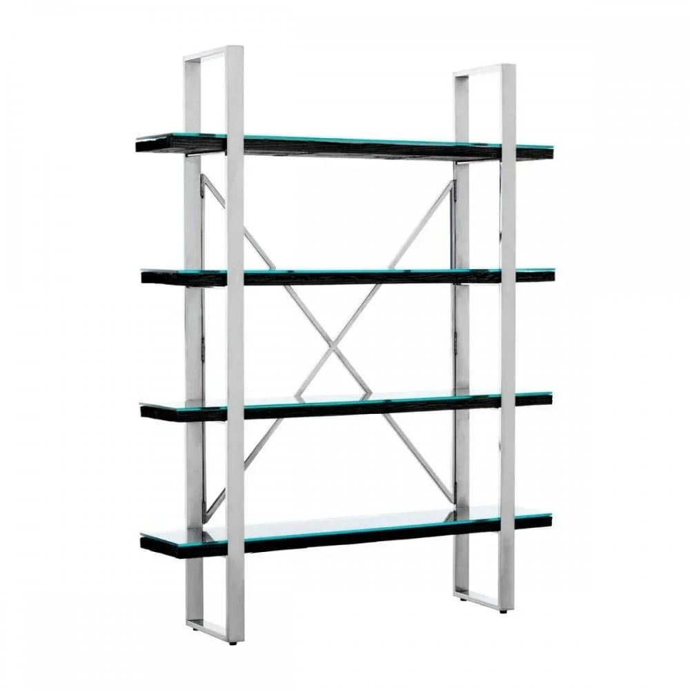 Chrome and glass shelving unit with four open shelves and cross frame support