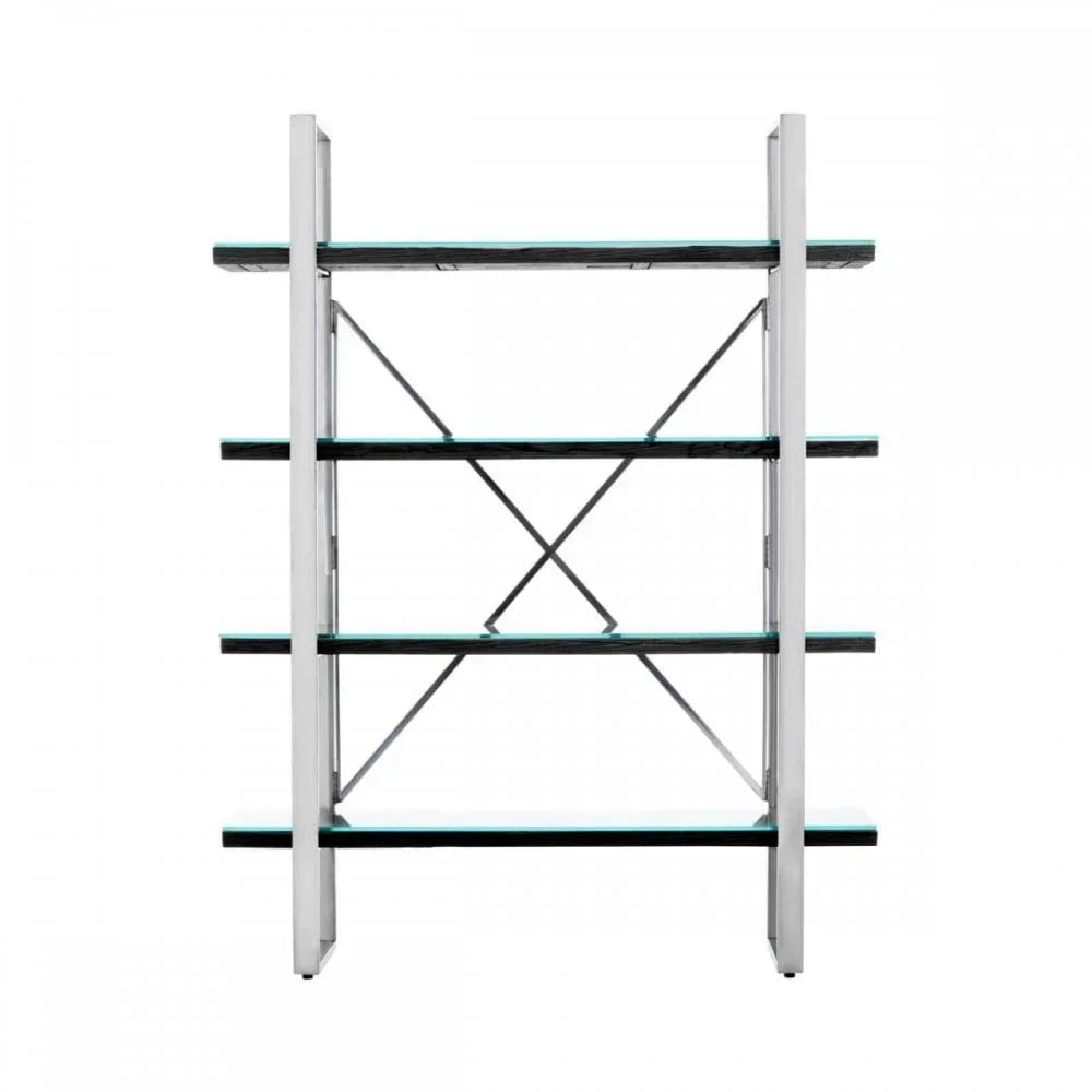 Modern metal and glass shelving unit with five open shelves, front view