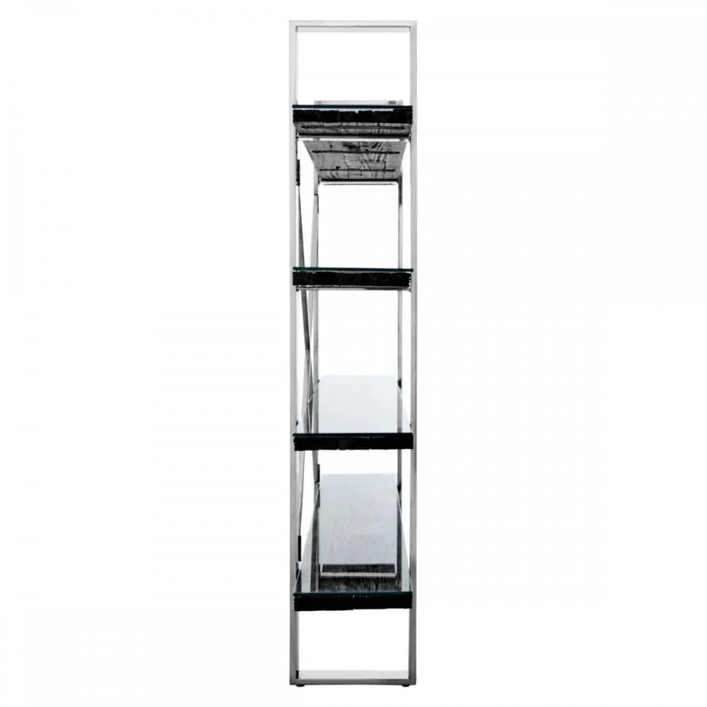 Tall metal bookcase with black marble shelves, side view
