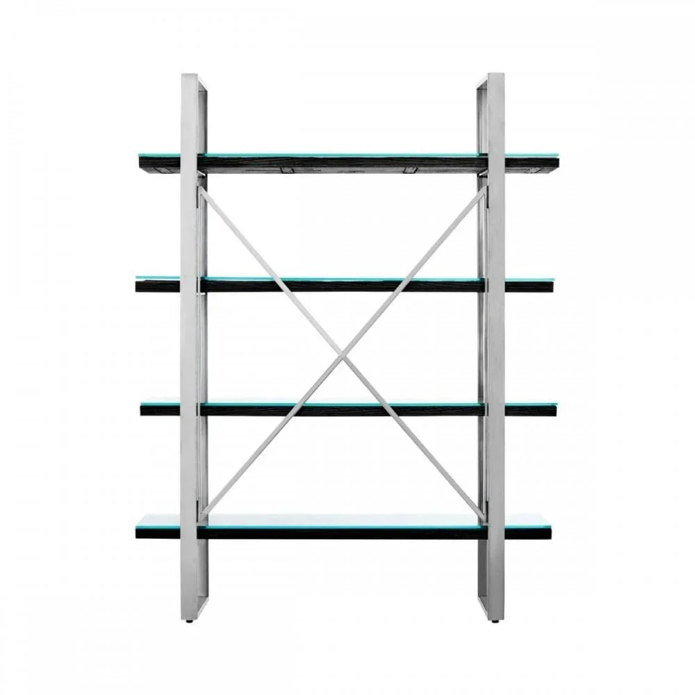 Metal and glass shelving unit with five tiers and cross-brace support, front view