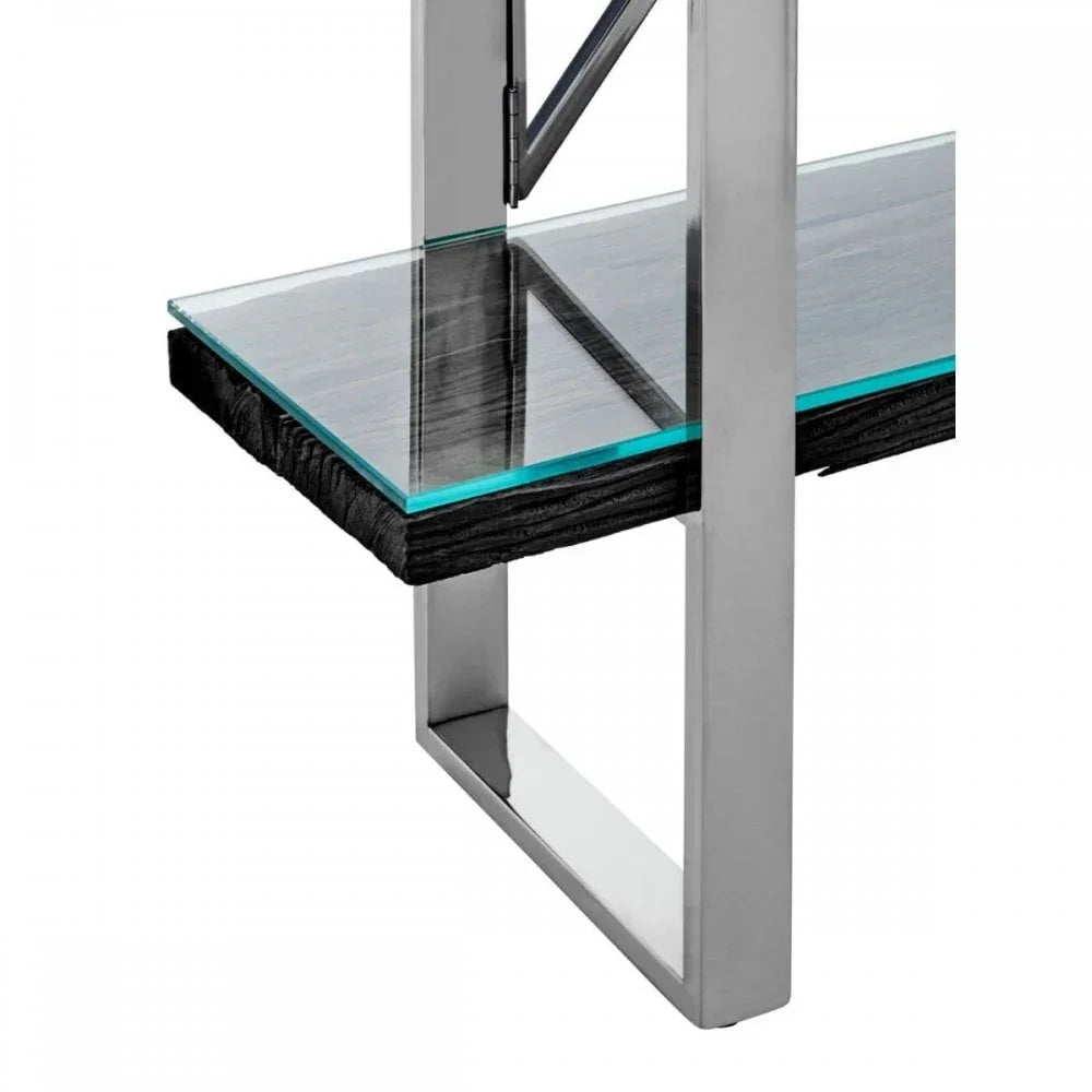 Close up of modern glass and wood shelf with chrome metal frame