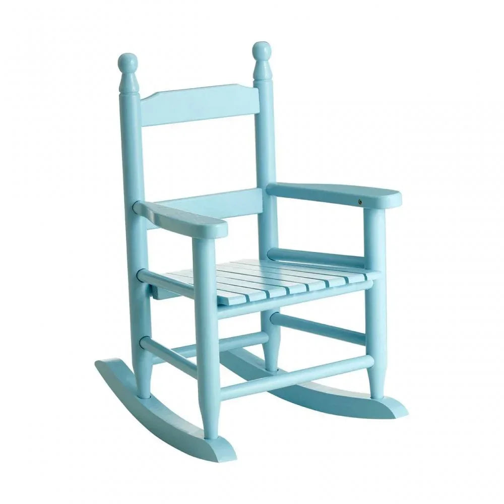 Light blue wooden rocking chair with slatted seat and armrests, front angle view