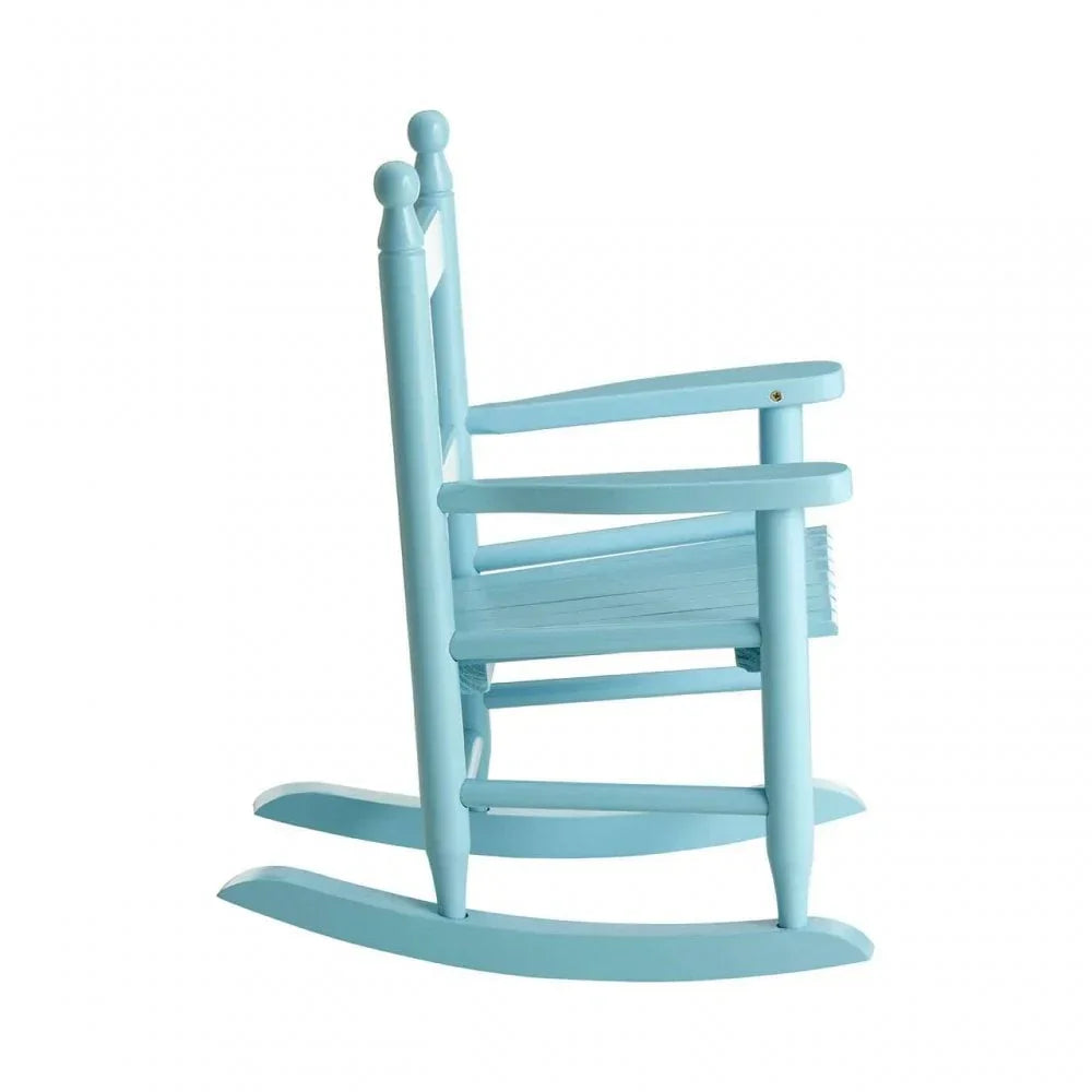 Light blue wooden rocking chair side view with slatted seat and turned posts