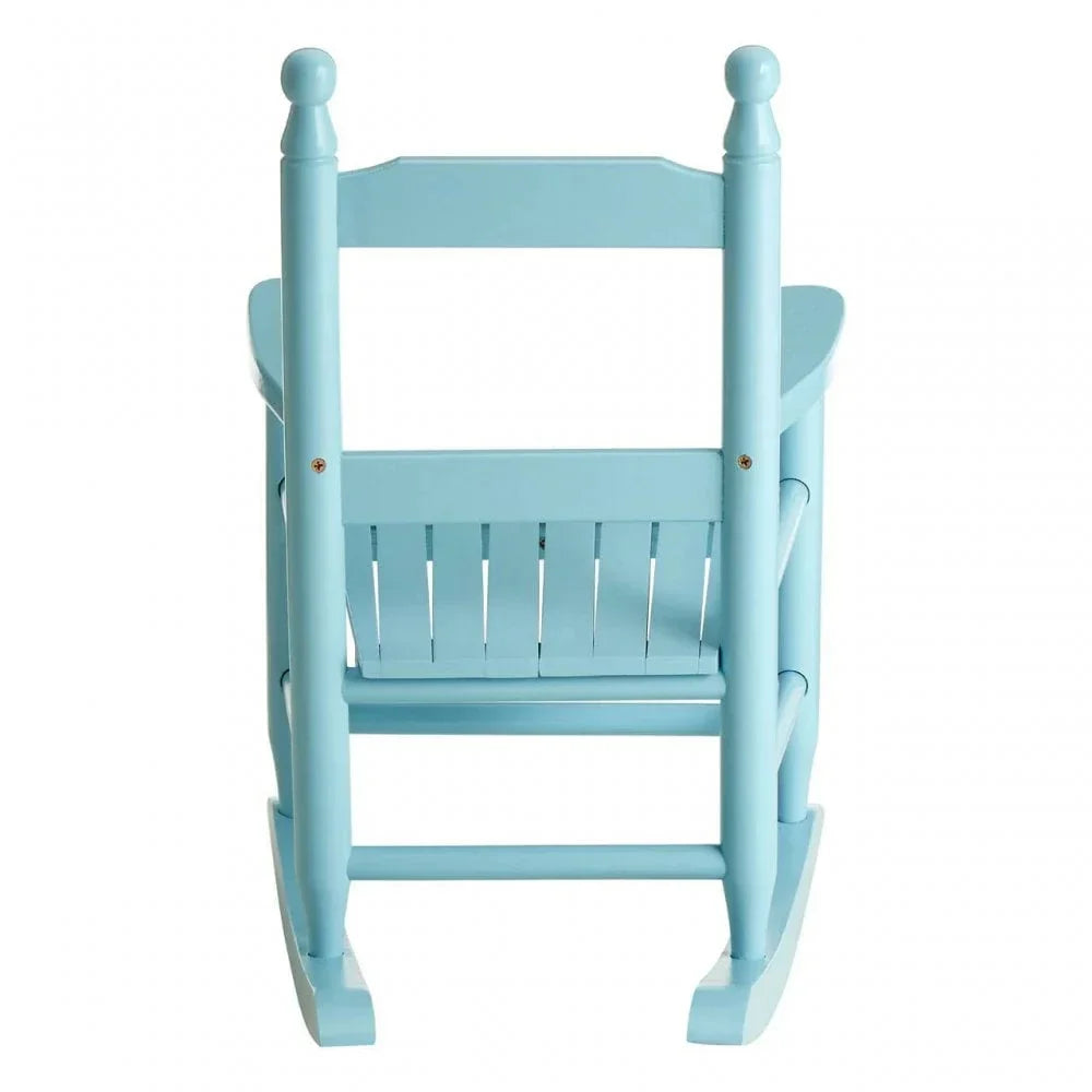 Light blue wooden rocking chair, rear angle showing slatted backrest and curved rockers