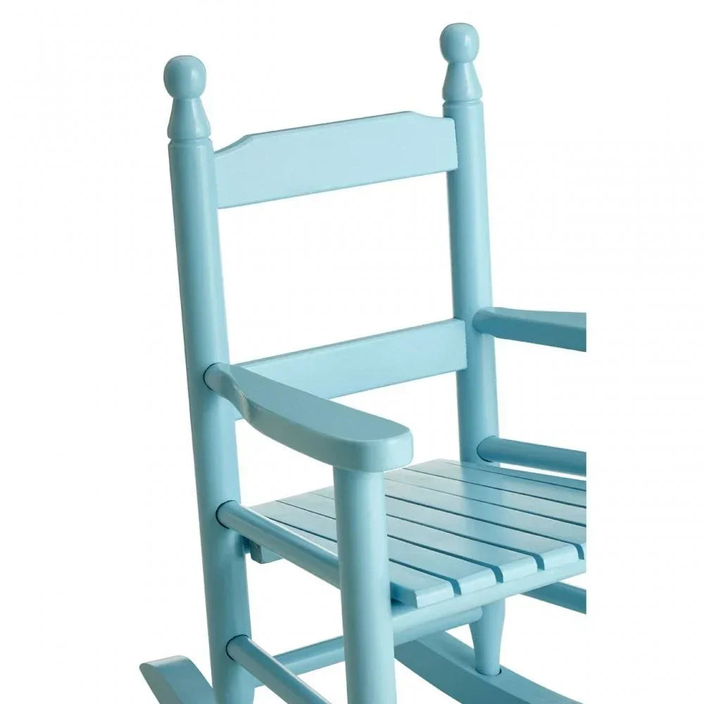 Light blue wooden rocking chair with slatted seat and tall backrest