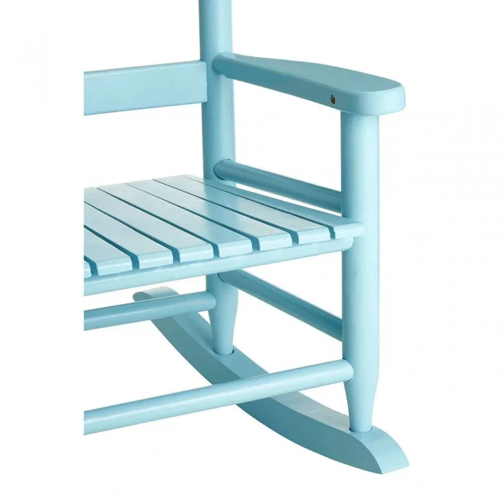 Light blue wooden rocking chair close view, slatted seat and rounded armrest detail