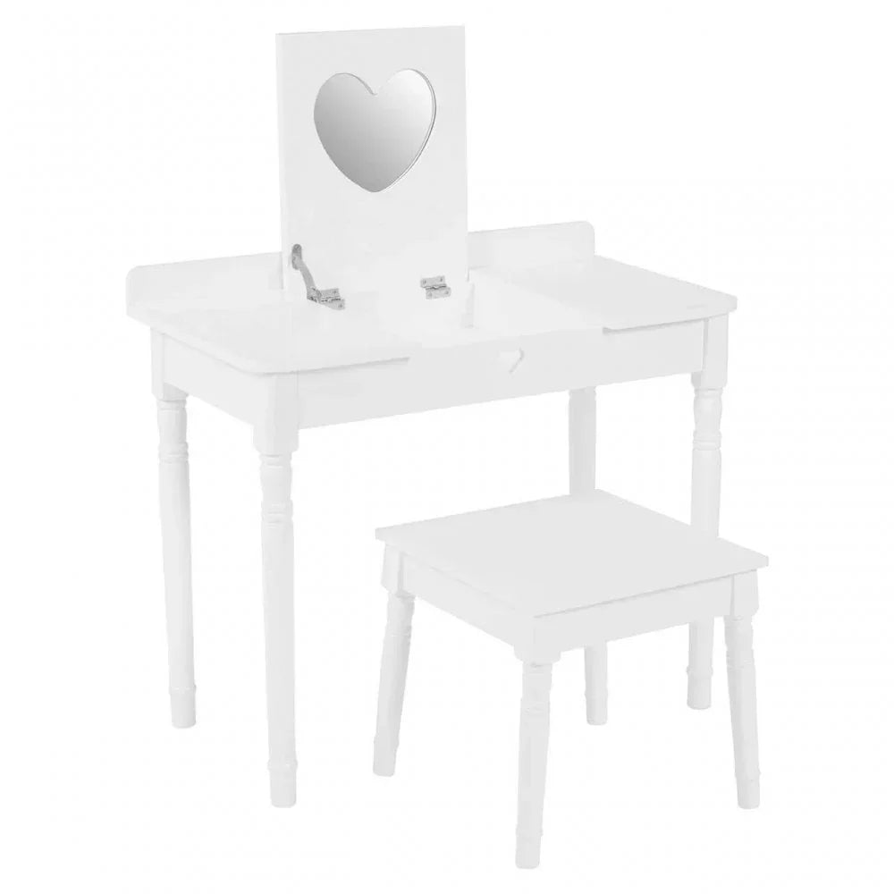 White wooden dressing table set with heart shaped mirror and matching stool