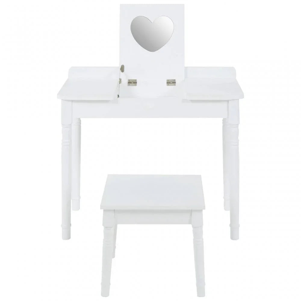 White dressing table set with heart-shaped mirror and matching stool