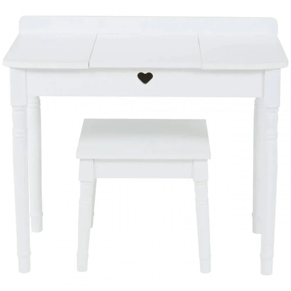 White wooden dressing table set with heart cutout detail and matching stool