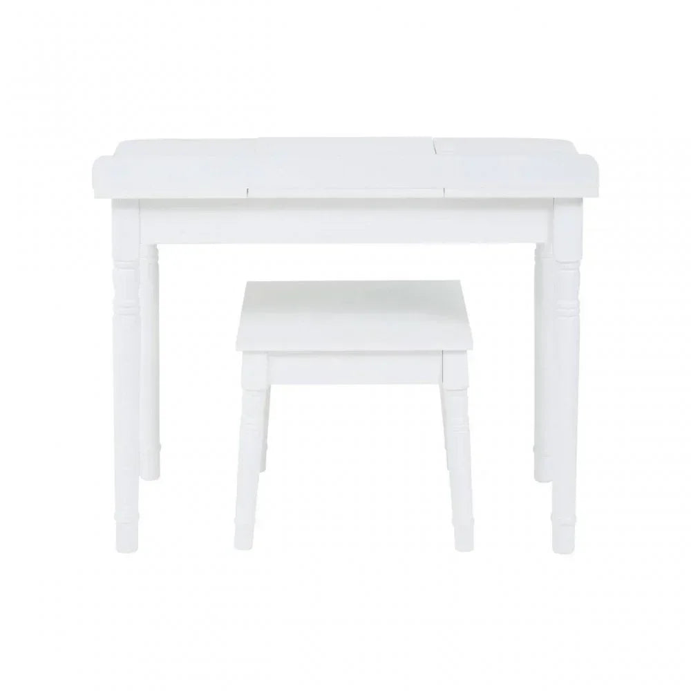 White wooden dressing table with matching stool, simple design, front view