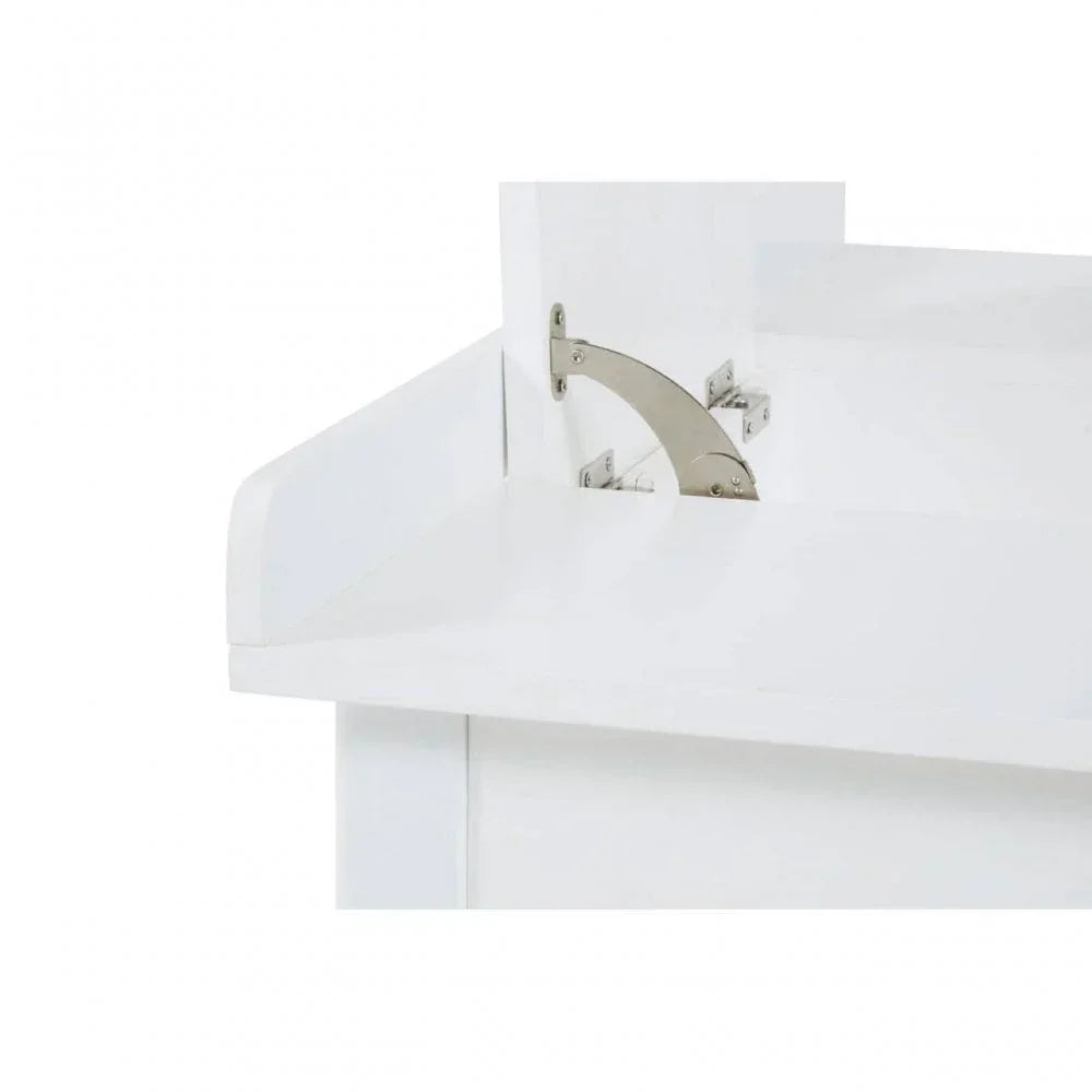 White storage bench hinged lid with silver support bracket detail