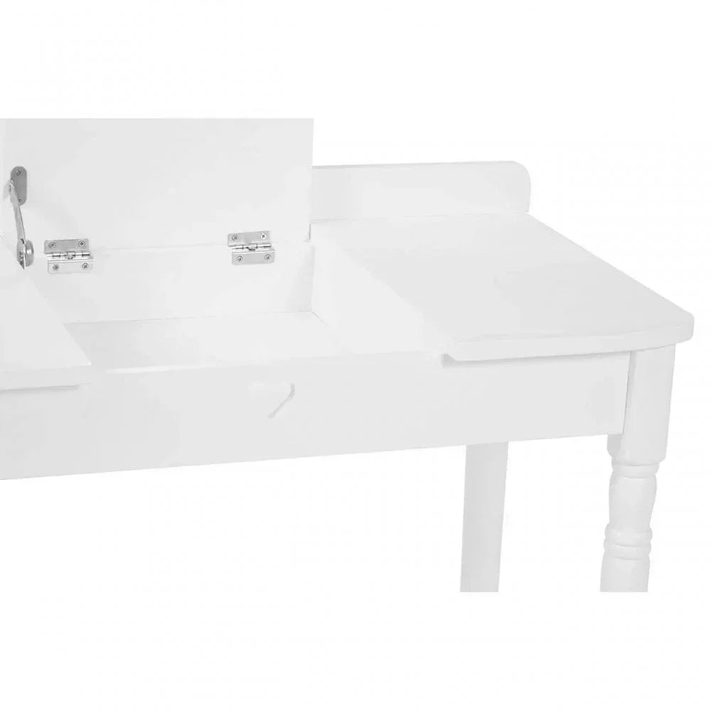 White wooden dressing table with open lift-up storage compartment and hinged lid