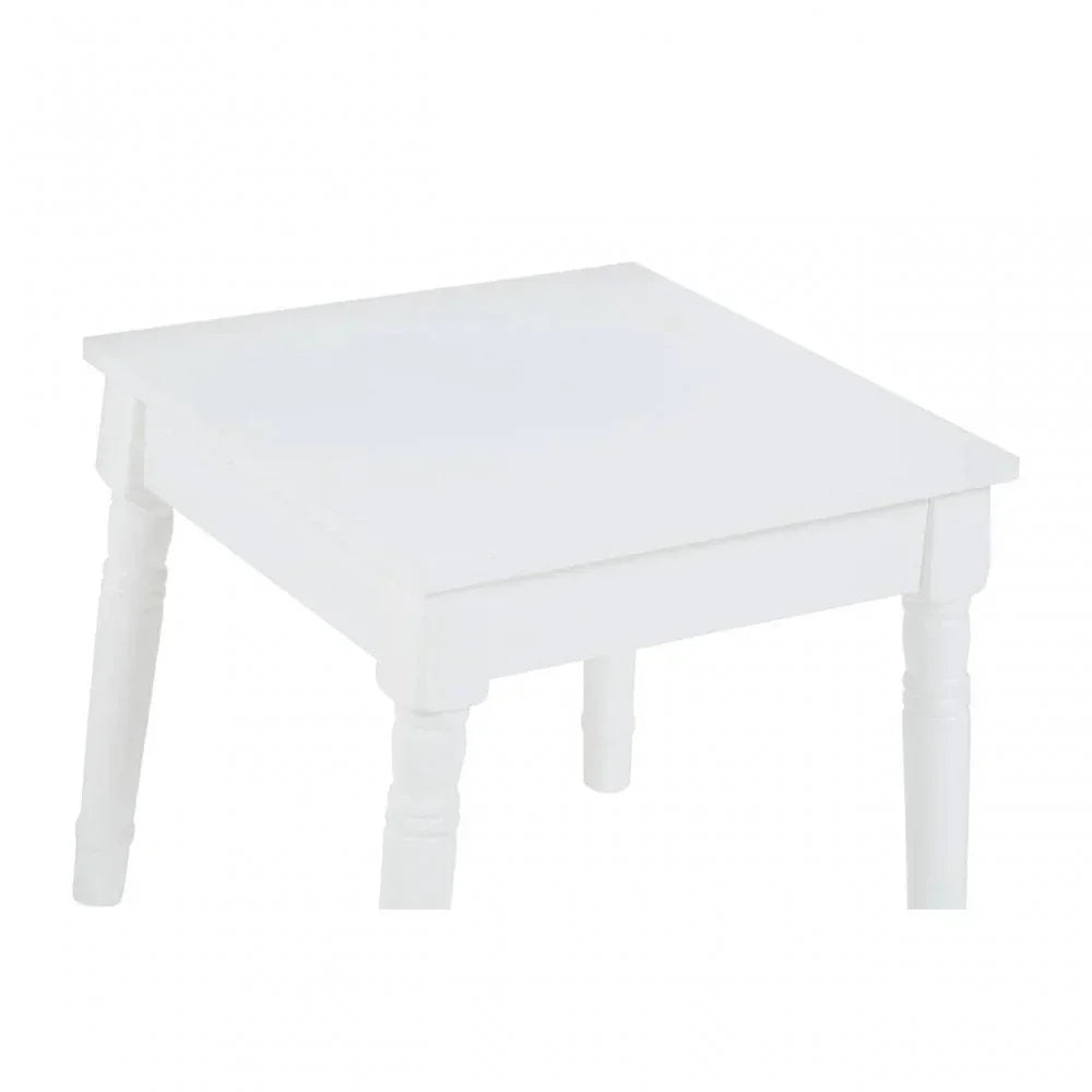 White wooden side table with square top and turned legs