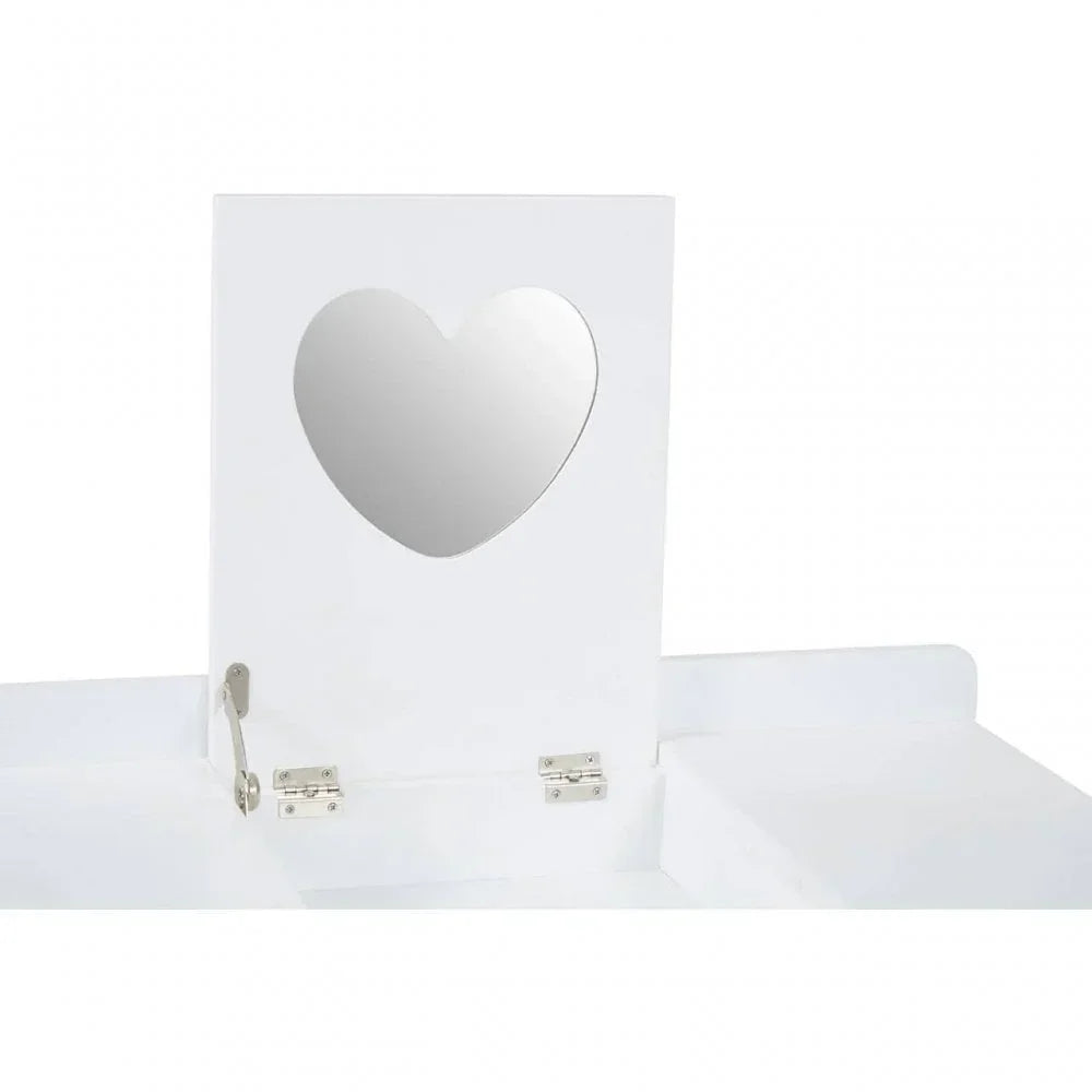 White dressing table with heart-shaped mirror and storage compartments