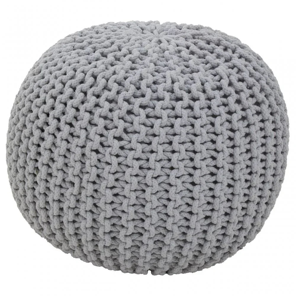 Round grey knitted pouffe with textured cotton cover, ideal for living room seating