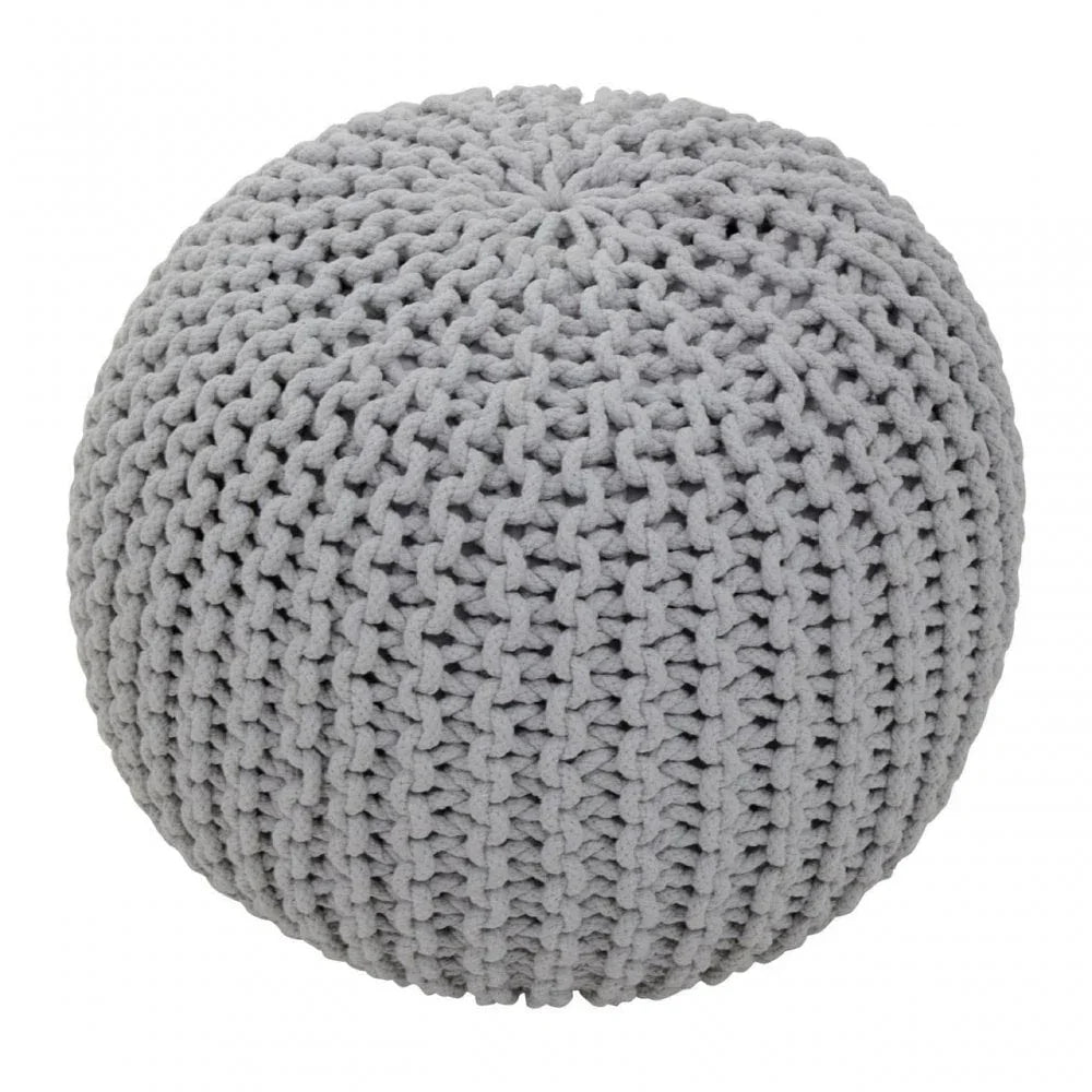 Light grey knitted pouffe with chunky textured pattern, round shape shown from above