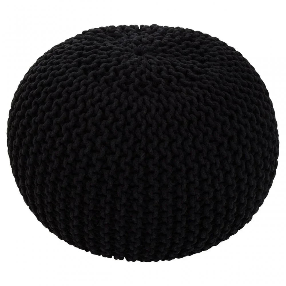 Black knitted pouffe footstool with textured cotton cover, rounded shape, front view