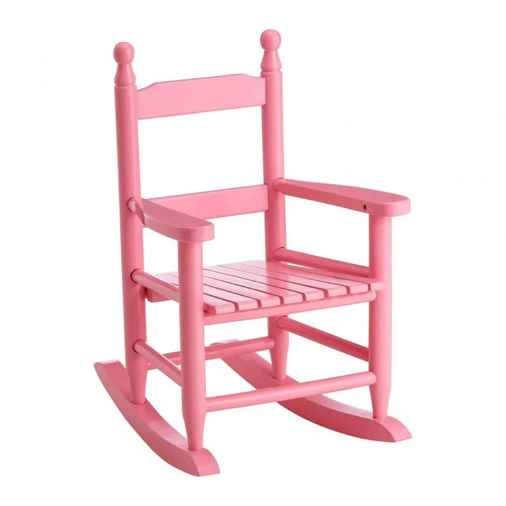 Pink wooden children's rocking chair with slatted seat and armrests