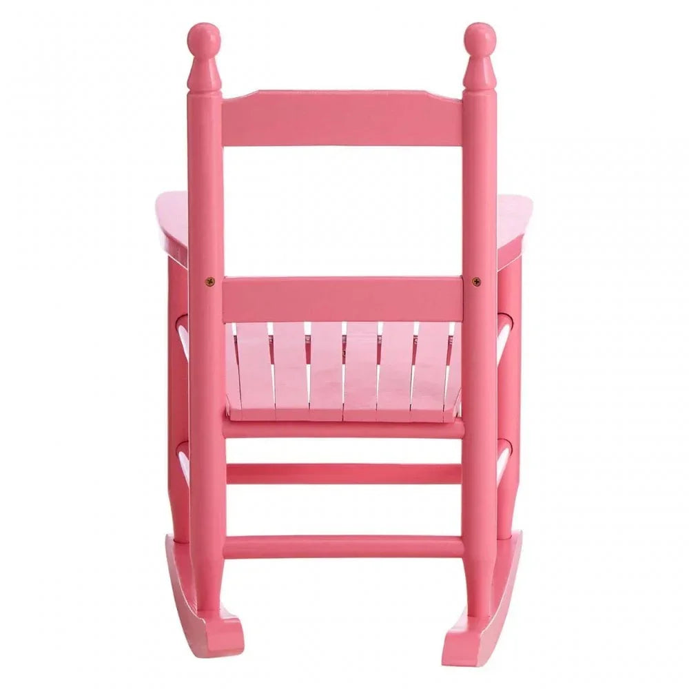 Pink wooden rocking chair with slatted backrest, rear view