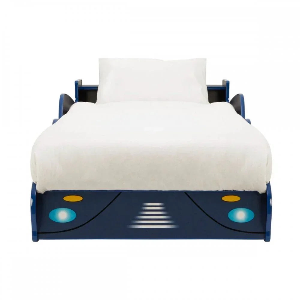 Blue car-shaped kids bed with white bedding, front-facing view