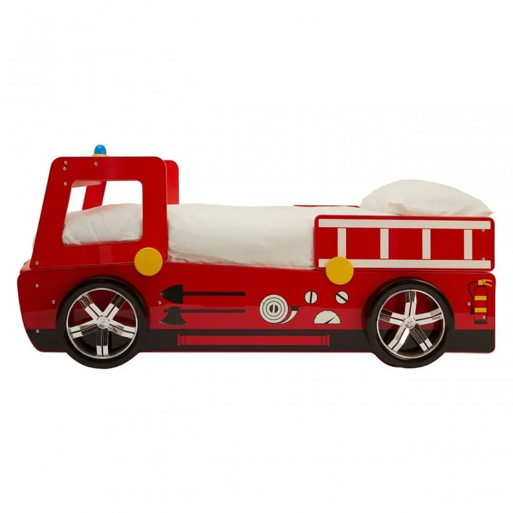Red fire engine kids bed with silver wheels and white bedding, side view