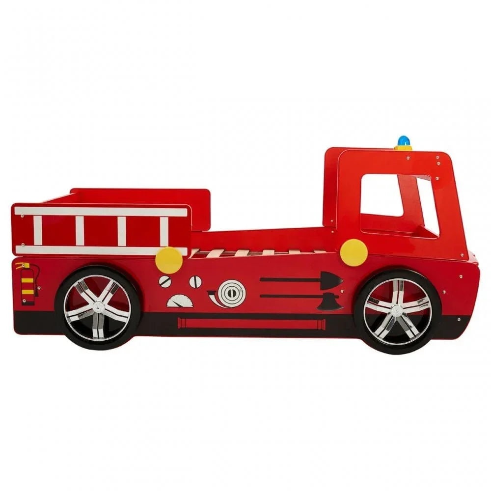 Red fire engine kids bed frame with ladder detail and silver wheel accents, side view