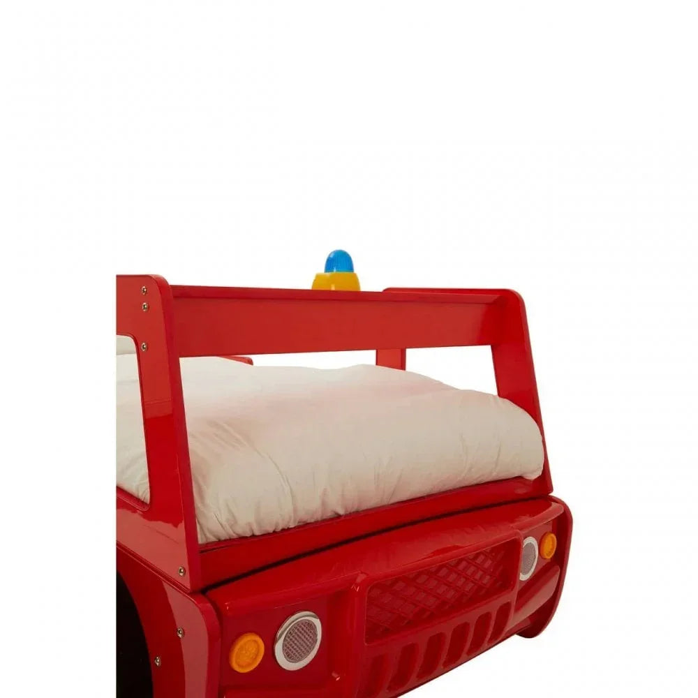 Red kids car bed with headboard, front bumper design and blue light detail