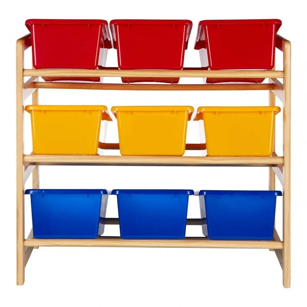Wooden storage unit with red, yellow and blue plastic storage boxes on three shelves