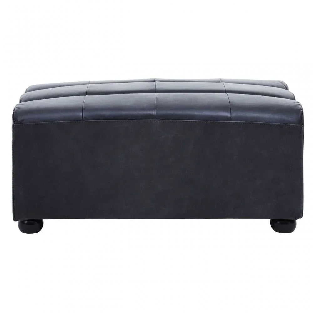 Black leather ottoman with stitched top and rounded wooden feet, front view