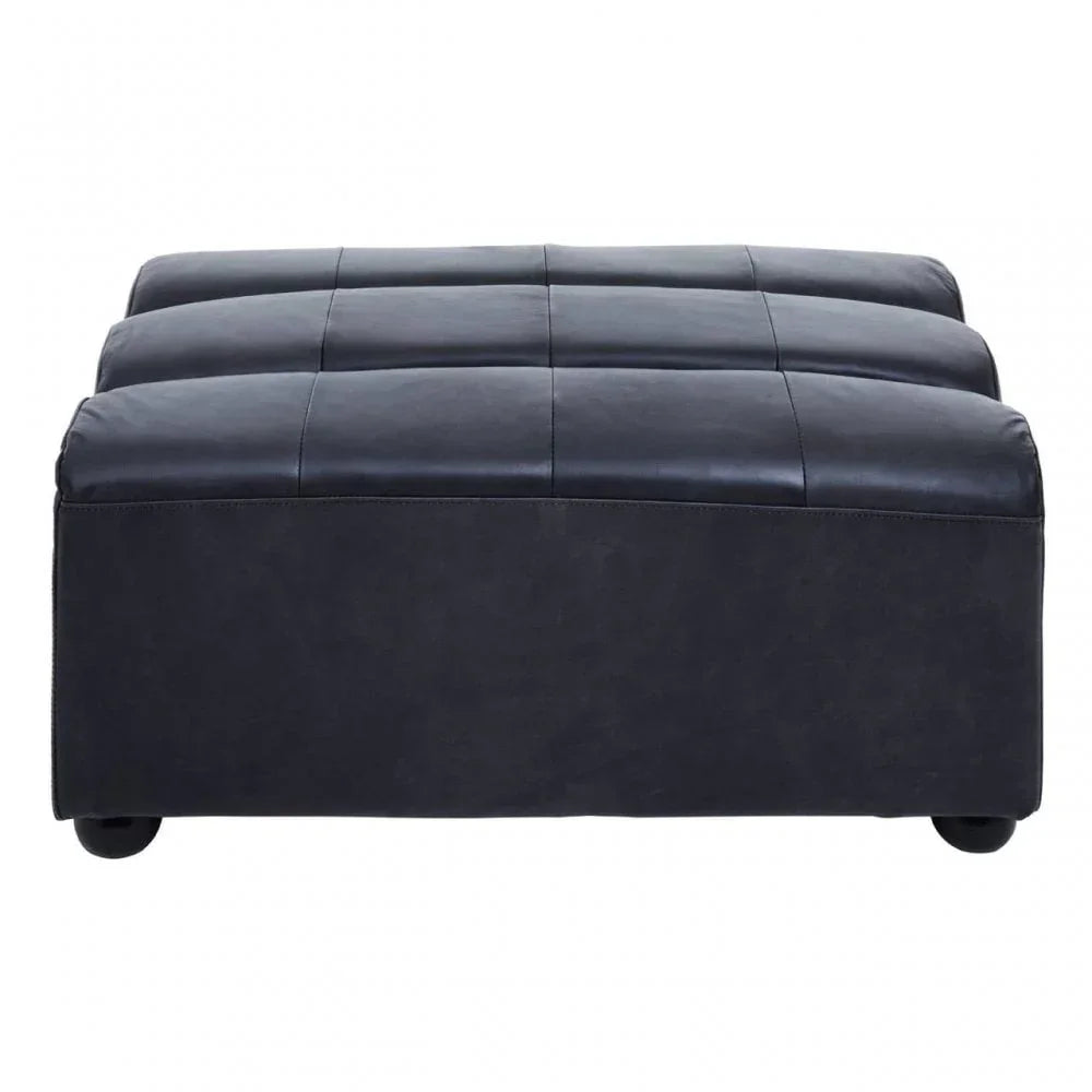 Black leather ottoman with square stitched top, front view, on short round legs