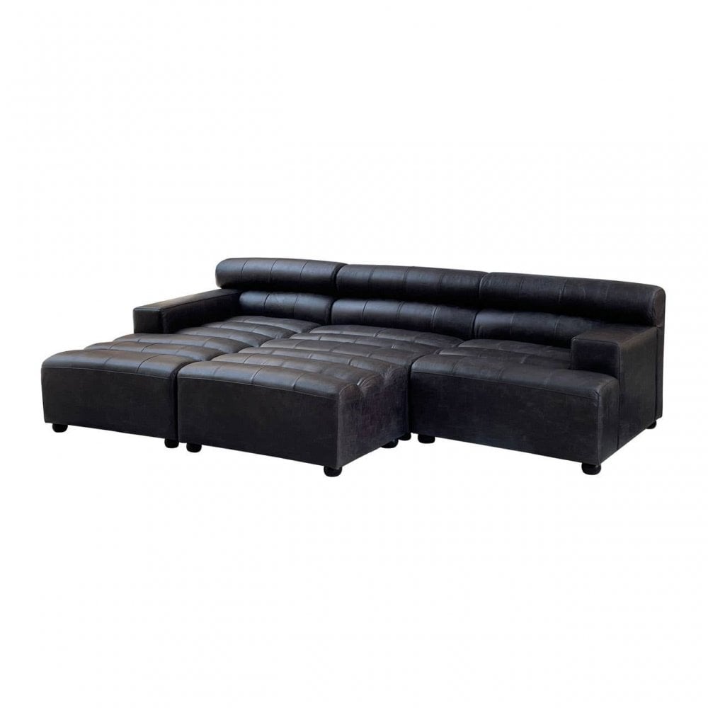 Black leather corner sofa with tufted seats and chaise lounge design