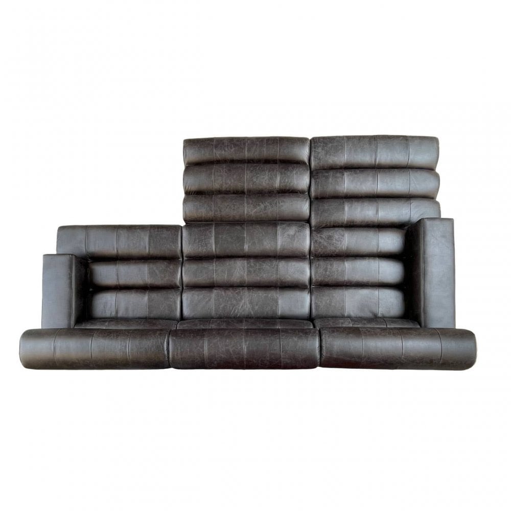 Modern black leather sofa with high-back and armrests, front view against white background