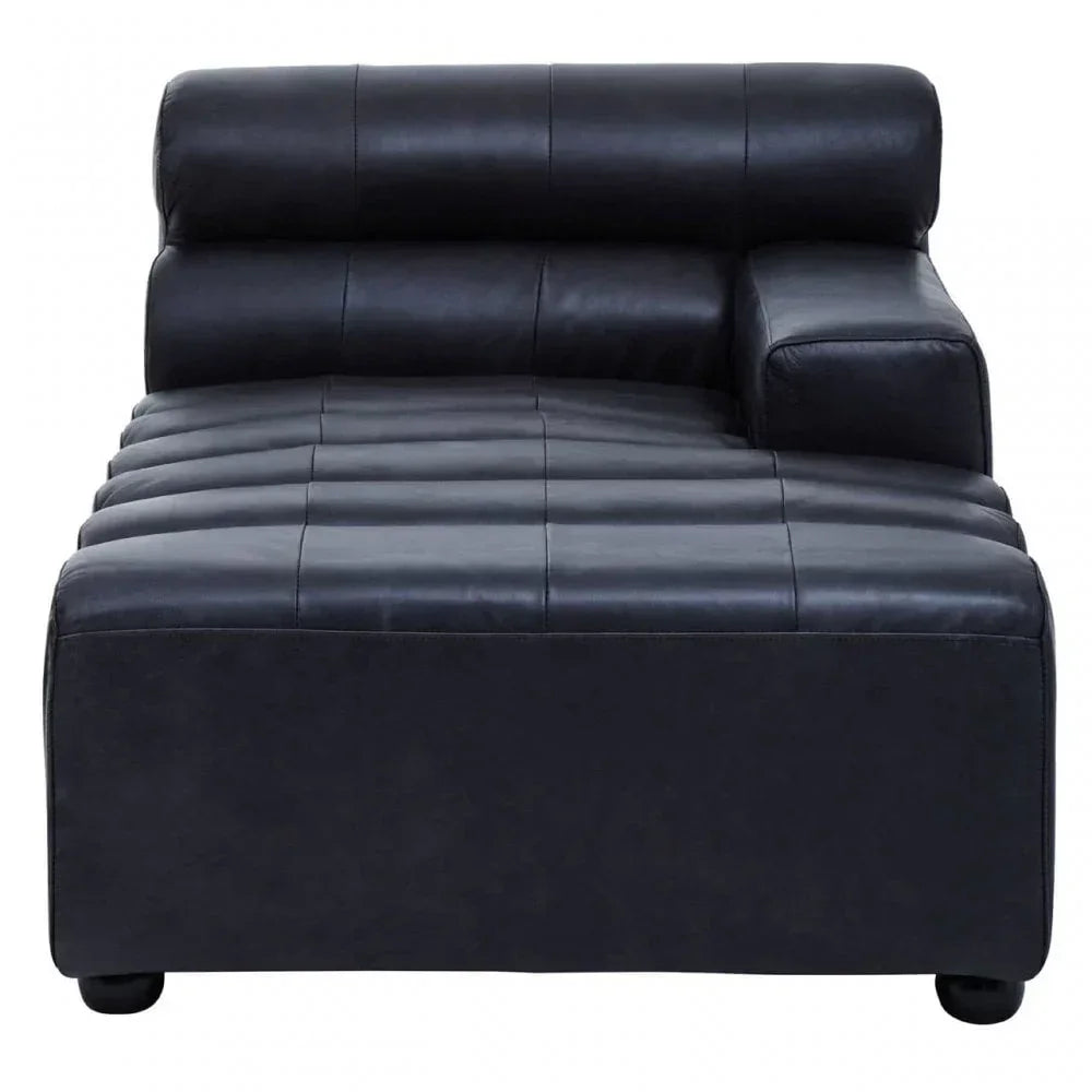 Black leather chaise lounge with tufted seat and right armrest, front angle view