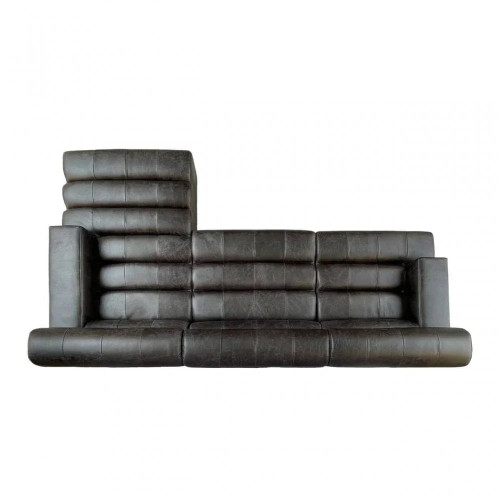 Dark brown leather sofa with modern block design and high side rest viewed from the front