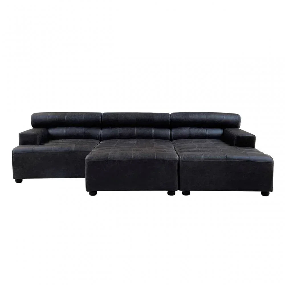 Black corner sofa with wide seats and adjustable headrests, viewed from the front